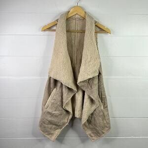 TCEC Beige Cream Sherpa Teddy Suede Sleeveless Open Front Vest Jacket Size Small
